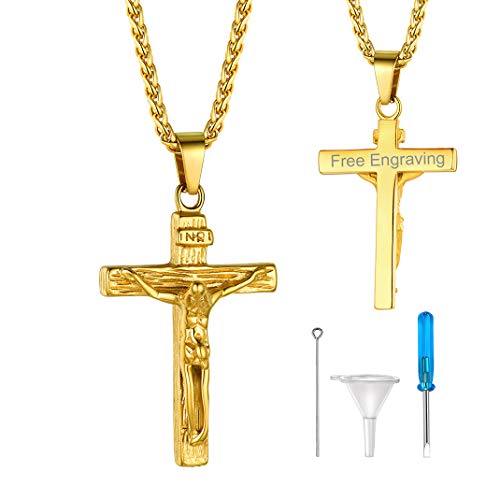 GoldChic Personalisierte Jesus Kreuz Asche Urne Halskette mit Gravur Memorial Kreuz Urnekette INRI Kreuz Mini Urne Kapsel Pendant Anhänger für Gedenk in Gold mit 55cm+5cm Kette von GOLDCHIC JEWELRY