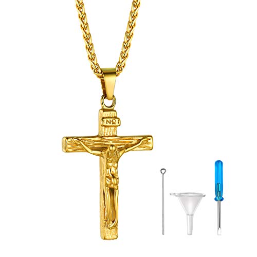 GoldChic Edelstahl Jesus Kreuz Asche Urne Anhänger Halskette Memorial Kreuz Urnekette für Asche Gold Mini Urne Kapsel Pendant Anhänger mit 55cm+5cm Kette von GOLDCHIC JEWELRY