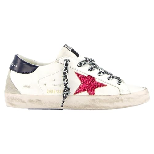 Golden Goose Super-Star-Leder-Obermaterial und Ferse für Damen, Glitzerstern, Wildleder, Spur, Signature Foxing, modischer Sneaker, Weiß/Fuchsia/Blau/Eis, 39 EU von Golden Goose