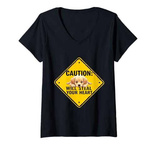 Damen Warnschild Golden Retriever Hund Lustiges Geschenk Retriever Welpe T-Shirt mit V-Ausschnitt Damen Warnschild Golden Retriever Hund Lustiges Geschenk Retriever Welpe T-Shirt mit V-Ausschnitt von Golden Retriever Fun Designs