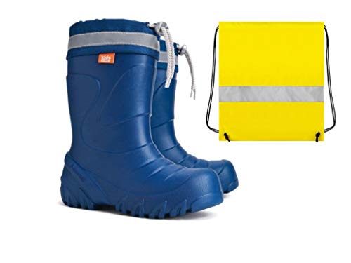 Demar Gummistiefel Ultra Leichte Kinder Regenstiefel Kinderstiefel blau gefüttert Eva Schaum mit Innensocken + Schuhbeutel Neongelb Jungen Mädchen (28/29) von Goldkids