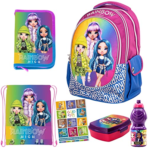 Goldkids 6er Set Schulranzen Ranzen Federmappe Turnbeutel Brotdose Trinkflasche Aufgabenheft Rainbow High Motiv geeignet ab der ersten Klasse der Grundschule von Goldkids