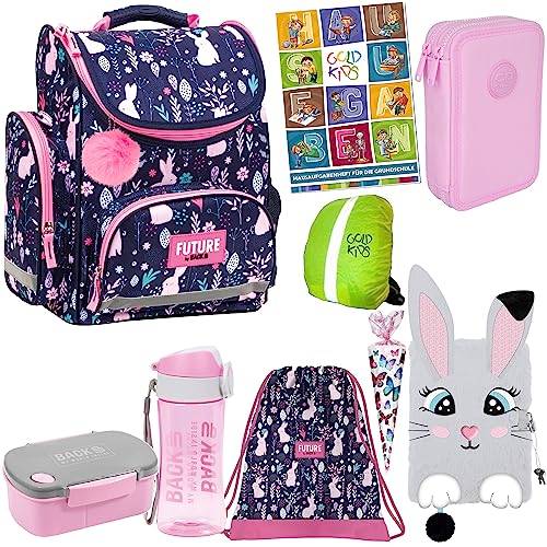 Goldkids 9er Set Schulranzen Ranzen Tornister Federmappe 2 Fächer Zuckertüte Turnbeutel Turnsack Brotdose Trinkflasche Tagebuch Aufgabenheft für die Grundschule Rabbitland Hase Motiv von Goldkids