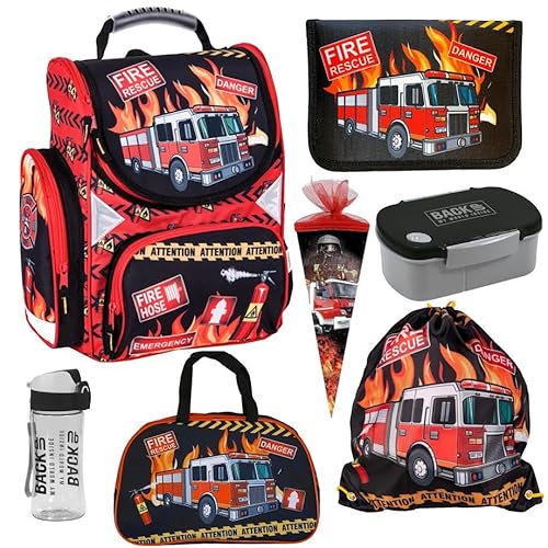 Goldkids Feuerwehr Firefighters Schulranzen Grundschule ergonomischer Ranzen Federmappe Federtasche Federmäppchen ohne Inhalt Turnbeutel Brotdose Trinkflasche Zuckertüte Sporttasche 7er Set Fire von Goldkids