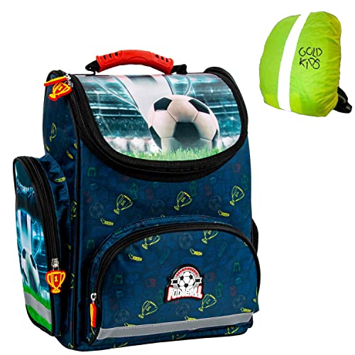 Goldkids Ranzen Schulranzen Tornister mit Football Fußball Motiv für Jungen Mädchen. Geeignet ab der 1. Klasse der Grundschule ink. Regenschutz von Goldkids