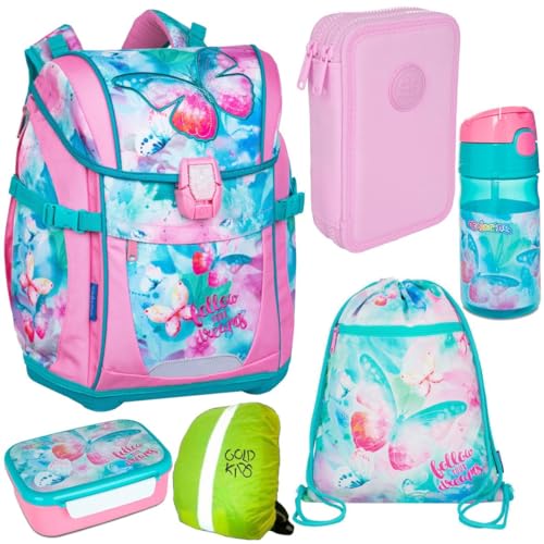 Schulranzen set Mädchen Set 6 Teilig ab 1. Klasse Schmetterling Ranzen Kinderrucksack Federmappe Turnbeutel Trinkflasche Brotdose Regenschutz Grundschule Ergonomischer Schulrucksack Reflektierend von Goldkids