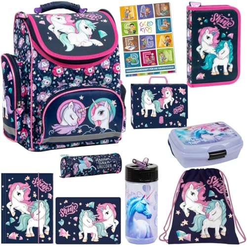 Goldkids Schulranzen Set 10er Ranzen Tornister Federmappe Turnbeutel Gummizugmappe Brotdose Trinkflasche Aufgabenheft Aktentasche Einhorn Unicorn Motiv von Goldkids