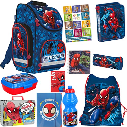 Goldkids Schulranzen Set 11er Ranzen Tornister Federmappe Turnbeutel Turnsack Brotdose Trinkflasche Aufgabenheft für die Grundschule Spiderman Motiv von Goldkids