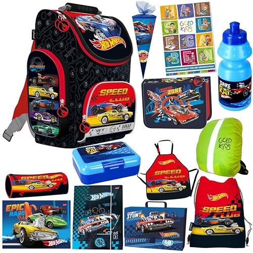 Goldkids Schulranzen Set 13er XXL Ranzen Tornister Federmappe Turnbeutel Turnsack Brotdose Trinkflasche Zuckertüte Aufgabenheft für die Grundschule Hot Wheels Motiv von Goldkids