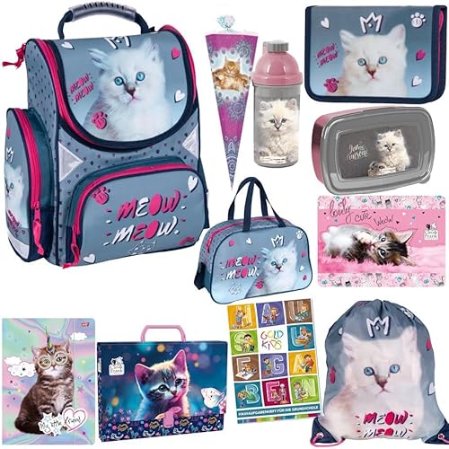 Goldkids Schulranzen Set XXL 11 Teile Katze Cat Motiv Ranzen Federmappe Turnbeutel Brotdose Trinkflasche Sporttasche Zuckertüte Aktenmappe Tischunterlage Sammelmappe Aufgabenheft von Goldkids