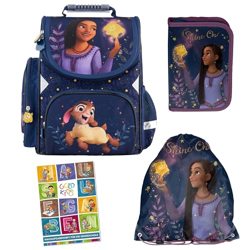 Goldkids - Schulranzen für Jungen und Mädchen, 4er-Set - Schul-Rucksack für Kinder mit Federmäppchen - Schuhbeutel und Hausaufgabenheft - Wish Motiv - 1-3 Klasse von Goldkids