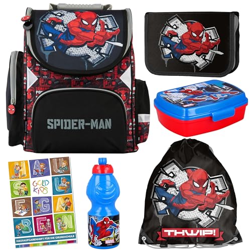 Goldkids - Schulranzen für Jungen und Mädchen - Schul-Rucksack für Kinder mit Federmäppchen - Schuhbeutel und Hausaufgabenheft - Spider-Man Motiv - 1-3 Klasse (6er-Set) von Goldkids