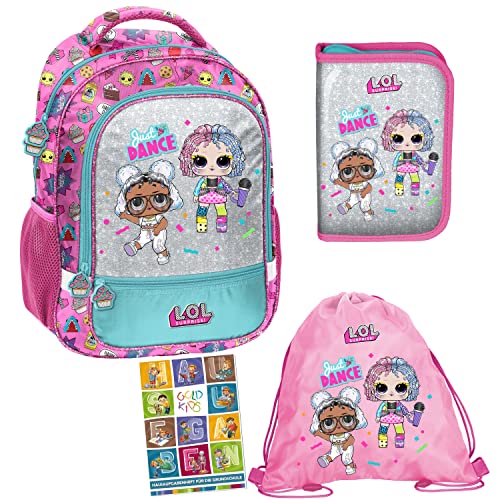 Schulrucksack LOL Surprise ergonomischer Rucksack Federmappe Turnbeutel Aufgabenheft für die Grundschule 4er Set. Geeignet ab der ersten Klasse der Grundschule. von Goldkids