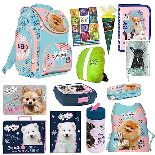 Goldkids Set 13er XXL Schulranzen Ranzen Tornister Federmappe Turnbeutel Tagebuch Sammelmappe Zuckertüte Schürze Brotdose Trinkflasche Regenschutz Aufgabenheft für die Grundschule Hund Dog Motiv von Goldkids