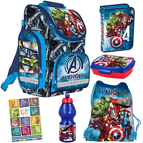 Goldkids Set 6er Schulranzen Ranzen Tornister Federmappe Turnbeutel Turnsack Brotdose Trinkflasche Aufgabenheft für die Grundschule Marvel Avengers Motiv von Goldkids