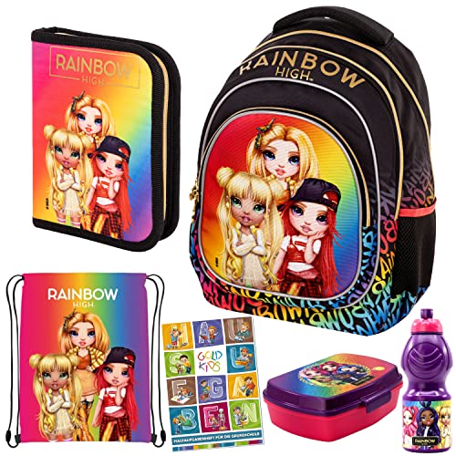 Goldkids Set 6er Schulrucksack Rucksack Federmappe Turnbeutel Brotdose Trinkflasche Aufgabenheft Rainbow High Motiv geeignet ab der ersten Klasse der Grundschule von Goldkids