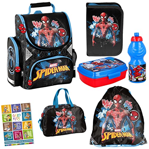 Spiderman Schulranzen ergonomischer Ranzen Federmappe Turnbeutel Sporttasche Brotdose Trinkflasche Aufgabenheft für die Grundschule 7er Set Lizenzartikel Marvel Spiderman Spider-man von Goldkids