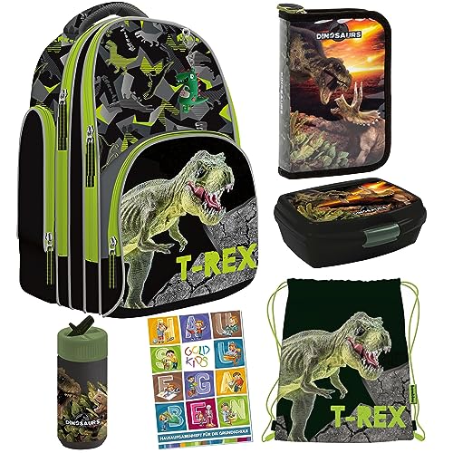 Goldkids T-Rex Dinosaurier 6er Set Schulranzen Ranzen Tornister Federmappe Turnbeutel Trinkflasche Brotdose Aufgabenheft für die Grundschule ab der erste Klasse von Goldkids