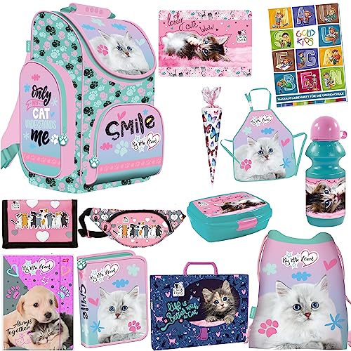 Katze Cat Pastel Schulranzen ergonomischer Ranzen Zuckertüte Geldbeutel Federmappe Turnbeutel Brotdose Trinkflasche Malunterlage Sammelmappe Aufgabenheft für die Grundschule 13er Set XXL von Goldkids