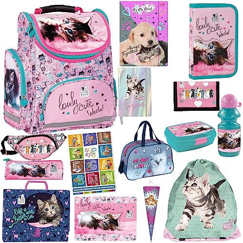 Katze Cat Pink Schulranzen ergonomischer Ranzen Zuckertüte Geldbeutel Federmappe Turnbeutel Brotdose Trinkflasche Malunterlage Tagebuch Sammelmappe Aufgabenheft für die Grundschule 15er Set XXXL von Goldkids