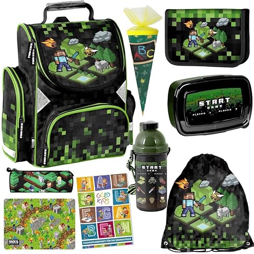 Schulranzen Set ergonomischer Ranzen Federmappe Zuckertüte Turnbeutel Malunterlage Brotdose Trinkflasche Aufgabenheft für die Grundschule 9er Set Game Pixel Motiv von Goldkids