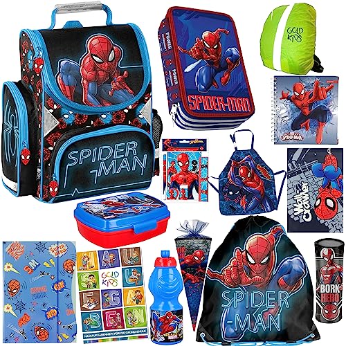 Spiderman Schulranzen Set XXL 14 Teile Ranzen Federmappe Turnbeutel Zeichenheft Notizbuch Mappe Zuckertüte Regenschutz Aufgabenheft für die Grundschule. Geeignet ab der ersten Klasse der Grundschule. von Goldkids