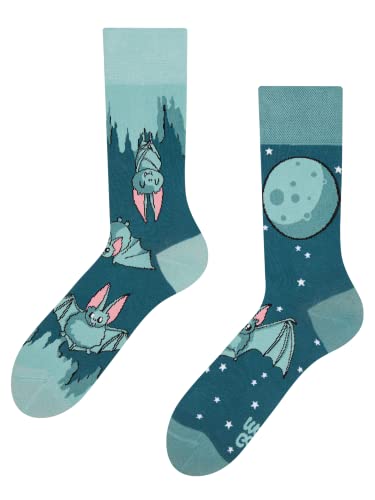 Dedoles Socken Unisex Damen Herren & Kinder Baumwolle viele lustige Designs 1 Paar Geschenk links rechts verschieden, Farbe Türkis, Motiv Fledermäuse in der Nacht, Gr. 35-38 von Dedoles