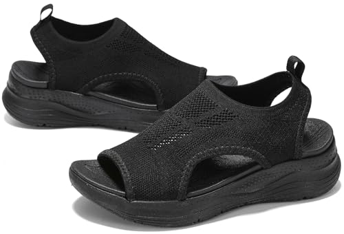 GoodValue Bequeme orthopädische Damen-Sandalen mit Fußgewölbeunterstützung, für Walking, Sport, athletische Sandalen, offener Zehenbereich, Slipper, Plantarfasziitis, Plateau-Sandalen, Schwarz, 43 EU von GoodValue