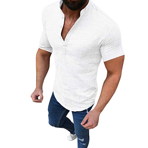 Goosuny Herren Leinenshirt Kurzarm Baumwolle Leinen Herrenhemden Kragen Regular Fit Hemd V-Ausschnitt Leinen Hemd Sommer Leicht Basic Freizeithemd Business Hemden von Goosuny