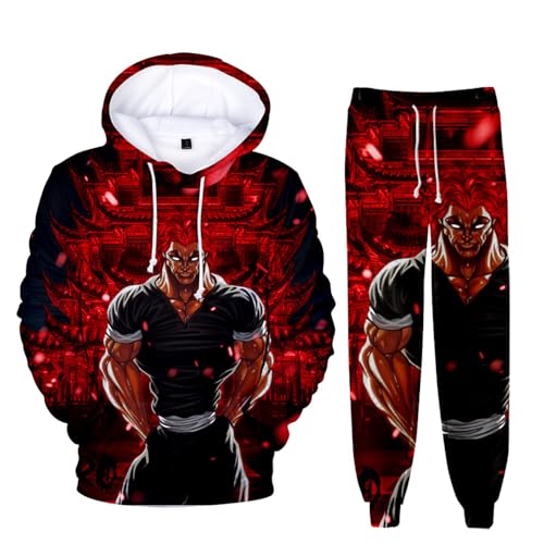 Gooyeh Kinder Sport SweatshirtSet BAKI Anime Kapuzen Sweatshirt Latzhosen Set 3D Farbdruck hanma baki/Hanma Yujiro Anime Charakter Sweatshirt Kinder Sweatshirt warmes Freizeit Set von Gooyeh