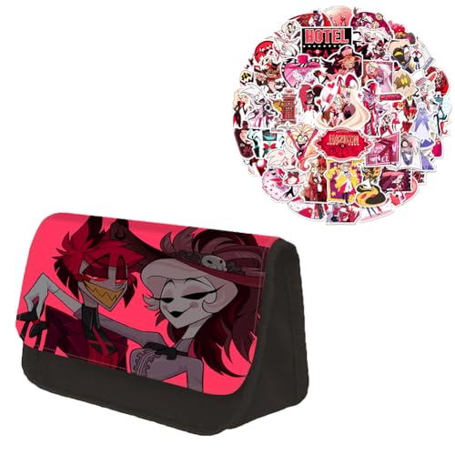 Gooyeh Stifteetui und 56pcs Aufkleber, Anime Hazbin Hotel Federmäppchen, Graffiti-Aufkleber Dekorieren Tassen und Rollkoffer, Anime Charakter Alastor/Angel Dust/Charlie Morningstar Aufkleber von Gooyeh