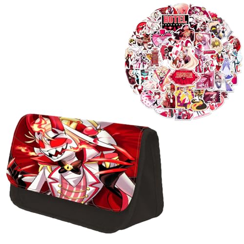 Gooyeh Stifteetui und 56pcs Aufkleber, Anime Hazbin Hotel Federmäppchen, Graffiti-Aufkleber Dekorieren Tassen und Rollkoffer, Anime Charakter Alastor/Angel Dust/Charlie Morningstar Aufkleber von Gooyeh