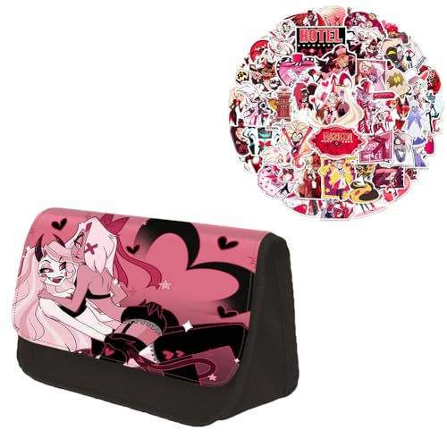 Gooyeh Stifteetui und 56pcs Aufkleber, Anime Hazbin Hotel Federmäppchen, Graffiti-Aufkleber Dekorieren Tassen und Rollkoffer, Anime Charakter Alastor/Angel Dust/Charlie Morningstar Aufkleber von Gooyeh