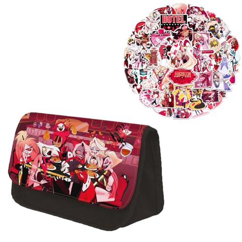 Gooyeh Stifteetui und 56pcs Aufkleber, Anime Hazbin Hotel Federmäppchen, Graffiti-Aufkleber Dekorieren Tassen und Rollkoffer, Anime Charakter Alastor/Angel Dust/Charlie Morningstar Aufkleber von Gooyeh