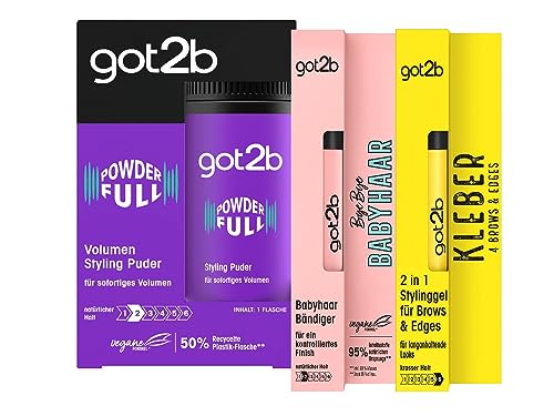 got2b Styling Puder Powderfull,Haarpuder verleiht sofortiges Volumen(1x 10 g) & got2b Haar Mascara-Bürste Bye Bye Babyhaar (1x 16 ml)& GOT2B 2in1 Stylinggel Kleber 4 Brows & Edges 16 ml von Got2B