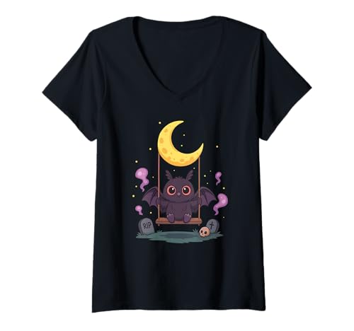 Damen Kawaii Pastel Goth Cute Creepy Mothman Fledermaus Skelett T-Shirt mit V-Ausschnitt Damen Kawaii Pastel Goth Cute Creepy Mothman Fledermaus Skelett T-Shirt mit V-Ausschnitt von Goth Kawaii Pastellfarben Animals Stil Gothic Cute