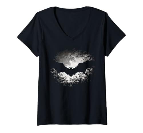Damen Fliegende Fledermaus in der Nacht T-Shirt mit V-Ausschnitt Damen Fliegende Fledermaus in der Nacht T-Shirt mit V-Ausschnitt von Gothic Dart Art