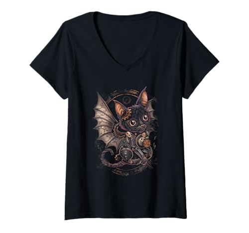 Damen Steampunk Katzen Vampir mit Fledermaus merkmalen und zahnrad T-Shirt mit V-Ausschnitt Damen Steampunk Katzen Vampir mit Fledermaus merkmalen und zahnrad T-Shirt mit V-Ausschnitt von Gothic Katze / Fledermäuse / Vampire / Steam Punk