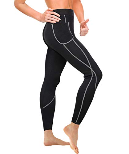 Gotoly Damen Neopren Sporthose Gewichtsverlust Sauna Hose Abnehmen Leggings Yoga Jogging Fitness Hot Thermo Sweat Gym Tights Wear Workout Body Shaper mit Taschen (3XL, Schwarz) von Gotoly