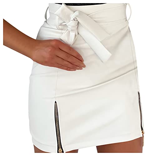 Graceyo Dame Rock Frauen Sexy PU Leder Bleistift Bodycon Belted Bogen Knoten Gebunden Schlitz Split Hohe Taille Mini kurzer Röcke Kunstleder Minikleider mit Reißverschluss Lederrock von Graceyo