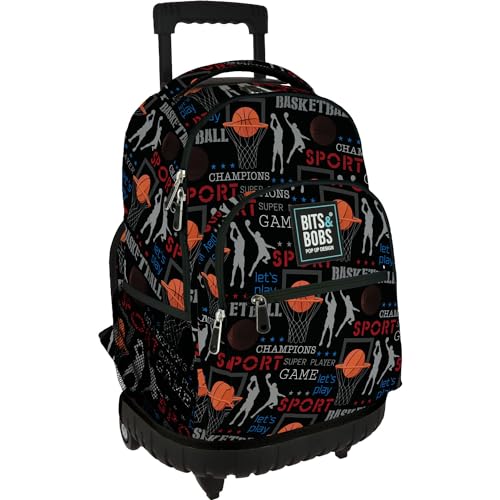 Grafoplás Schulrucksack mit Rollen, integrierter Trolley, 52 x 37 x 25 cm, Modell Roller, Basket-Kollektion, Bits & Bobs Pop Up Design, perfektes Schulmaterial für Kinder und Grundschule, Schwarz, von Grafoplás