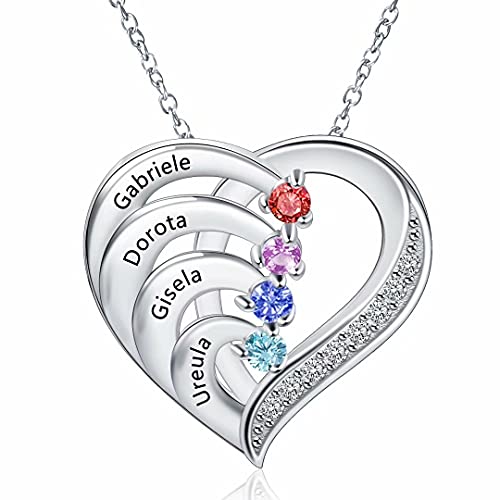 925 Sterling Silber Herz Familienname Halskette mit 4 Geburtsstein Personalisiert Kette mit Gravur 4 kindernamen Mütter Namenskette für Oma Mama Damen Weihnachten Muttertagsgeschenk von Grancey