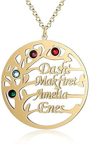 Namenskette Baum Personalisierte Lebensbaum Kette mit Gravur 4 Namen und Geburtsstein Stammbaum Runde Anhänger für Mutter Familie Oma 925 Sterling Silber Rose Gold Weihnachten Schmuck (Gold, 20.00) von Grancey