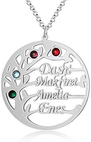 Namenskette Baum Personalisierte Lebensbaum Kette mit Gravur 4 Namen und Geburtsstein Stammbaum Runde Anhänger für Mutter Familie Oma 925 Sterling Silber Rose Gold Weihnachten Schmuck von Grancey