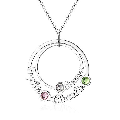 Nameskette Silber 3 Ringe Name Halskette Runde Form Kette mit Gravur für Mütter—925 Sterling Silber Birhstone Eigenart schmuck für Damen die Familie von Grancey