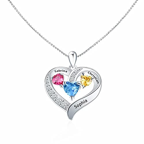 Personalisiert Herzkette Namenskette 3 Kinder Name Gravur Kette mit Wunschnamen Geburtsstein Herz Halskette Mama Familienkette für Familie Mütter Damen Mädchen 925 Sterling Silber Roségold von Grancey