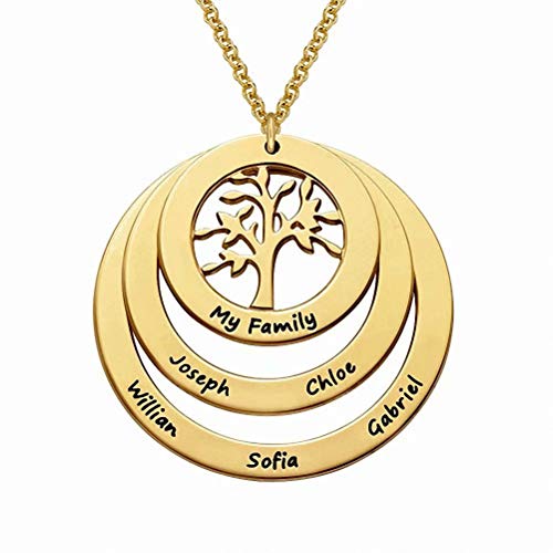 Personalisiert Mütter Namenskette Baum mit Gravur 1 bis 9 Kinder Namen Halskette Lebensbaum Rund Anhänger für Familie Mama Oma Damen in 925 Sterling Silber Rose Gold Vergoldet von Grancey