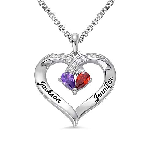 Personalisierte Herzkette mit Gravur 2 Birthstone und 2 Namen, Sterling Silber Zwei Namenskette Herz Anhänger für Paare Valentinstag Schmuck für Damen von Grancey