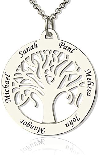 Runde Personalisiert Familie Namenskette Baum mit Gravur 1 bis 7 Namen für Mütter Mama Oma Damen in 925 Sterling Silber Rose Gold von Grancey