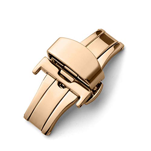 Lederarmband 16-24mm Automatische Double Click Schmetterling Buckle Solide Edelstahl-Wölbung Rose Gold, 16mm von Grasschen